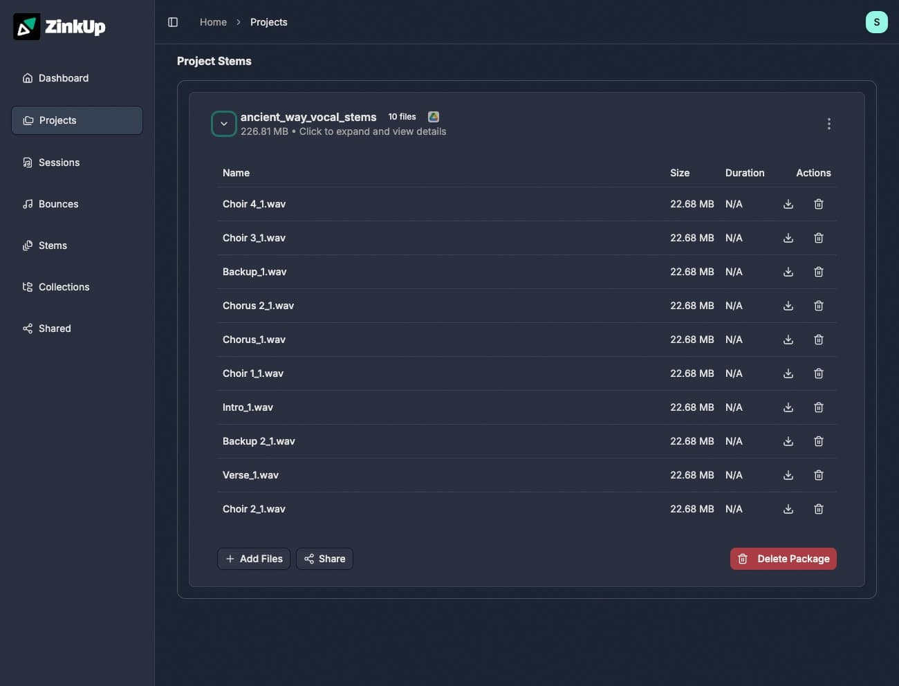 Project stems organized by instrument