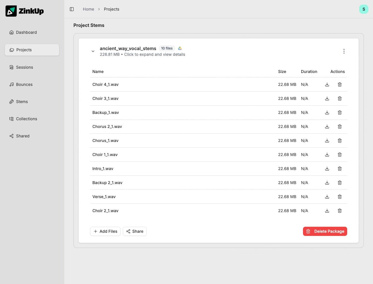 Project stems organized by instrument
